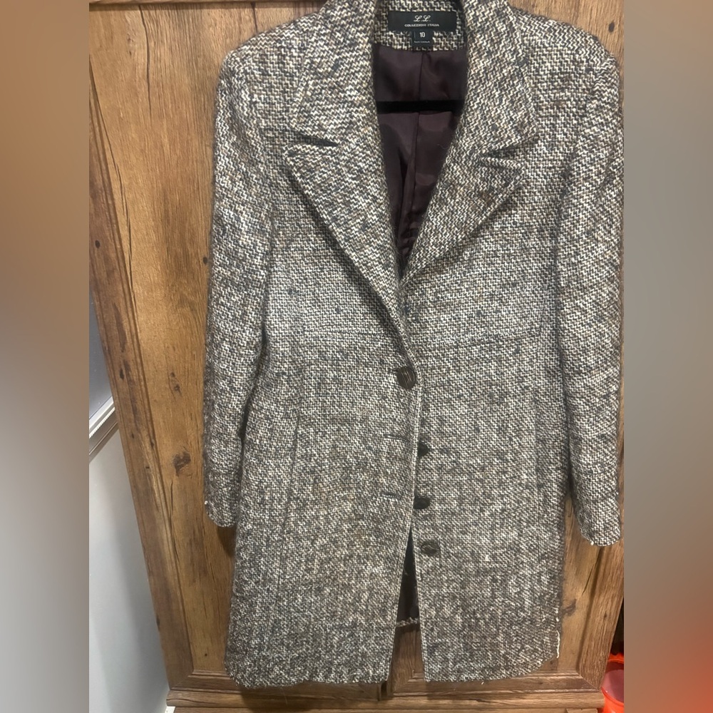 L.L. Collezioni Brown, Black and White Tweed Trench Coat